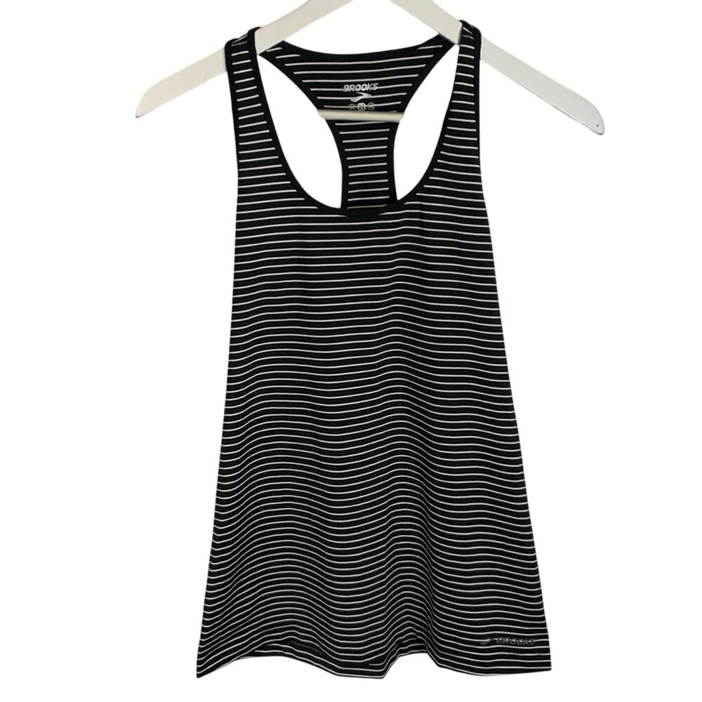 Brooks Womens Black White Stripe Bring It Racerback Tank Top W-116 Sz M